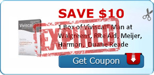 Save $10.00 
1 Box of Viviscal® Man at Walgreens, Rite Aid, Meijer, Harmon, & Duane Reade