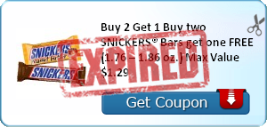 Buy 2 Get 1 Buy two SNICKERS® Bars get one FREE (1.76 – 1.86 oz.) Max Value $1.29