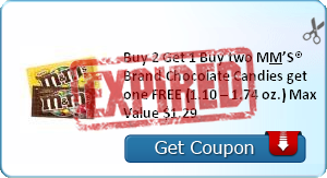 Buy 2 Get 1 Buy two M&M’S® Brand Chocolate Candies get one FREE (1.10 – 1.74 oz.) Max Value $1.29