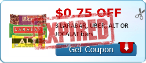 $0.75 off 3 LARABAR, UBER, ALT OR JOCALAT bars