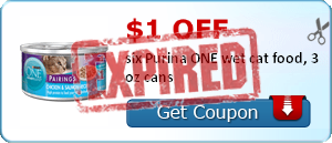 $1.00 off six Purina ONE wet cat food, 3 oz cans
