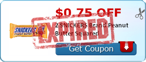 $0.75 off 2 SNICKERS Brand Peanut Butter Squared