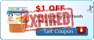 $1.00 off four (4) Gerber 2nd Foods 2-Pack Tubs