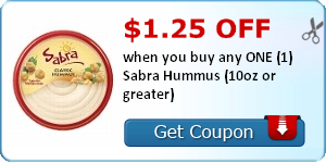 $1.25 off when you buy any ONE (1) Sabra Hummus (10oz or greater)