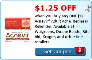 $1.25 off when you buy any ONE (1) Acnevir® Adult Acne & Redness Relief Gel. Available at Walgreens, Duane Reade, Rite Aid, Kroger, and other fine retailers.