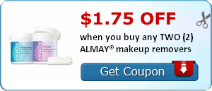 $1.75 off when you buy any TWO (2) ALMAY® makeup removers