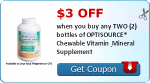 $3.00 off when you buy any TWO (2) bottles of OPTISOURCE® Chewable Vitamin & Mineral Supplement