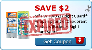 SAVE $2.00 off any TWO (2) Right Guard® Antiperspirant or Deodorant Products (Excludes Right Guard Sport)