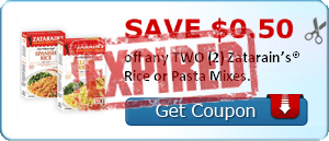 SAVE $0.50 off any TWO (2) Zatarain’s® Rice or Pasta Mixes.