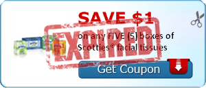 SAVE $1.00 on any FIVE (5) boxes of Scotties® facial tissues