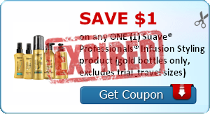 SAVE $1.00 on any ONE (1) Suave® Professionals® Infusion Styling product (gold bottles only, excludes trial & travel sizes)