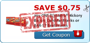 SAVE $0.75 any ONE (1) BAR-S® Hickory Bacon & Cheddar Franks or BAR-S® Beef Franks