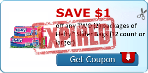 SAVE $1.00 off any TWO (2) packages of Hefty® Slider Bags (12 count or larger)