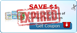 SAVE $1.00 on any FIVE (5) boxes of Scotties® facial tissues