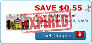 SAVE $0.55 off any ONE (1) pack of Brawny® Paper Towels, 6 rolls or larger.