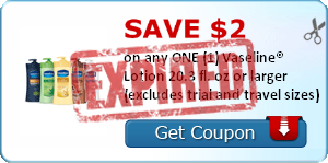 SAVE $2.00 on any ONE (1) Vaseline® Lotion 20.3 fl. oz or larger (excludes trial and travel sizes)