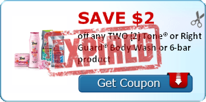SAVE $2.00 off any TWO (2) Tone® or Right Guard® Body Wash or 6-bar product
