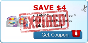 SAVE $4.00 off ANY Centrum® Silver® Multivitamin (excludes trial/travel sizes)