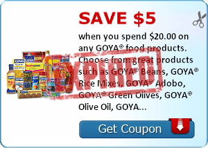 Save $5.00 when you spend $20.00 on any GOYA® food products. Choose from great products such as GOYA® Beans, GOYA® Rice Mixes, GOYA® Adobo, GOYA® Green Olives, GOYA® Olive Oil, GOYA® Frozen Products and 100's of others! And please visit goya.com for easy 