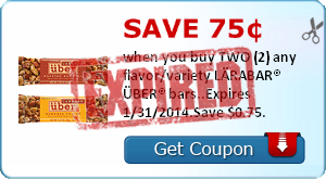 Save 75¢ when you buy TWO (2) any flavor/variety LÄRABAR® ÜBER® bars..Expires 1/31/2014.Save $0.75.