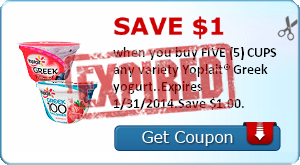 Save $1.00 when you buy FIVE (5) CUPS any variety Yoplait® Greek yogurt..Expires 1/31/2014.Save $1.00.