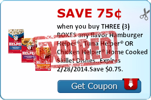 Save 75¢ when you buy THREE (3) BOXES any flavor Hamburger Helper®, Tuna Helper® OR Chicken Helper® Home Cooked Skillet Dishes..Expires 2/28/2014.Save $0.75.