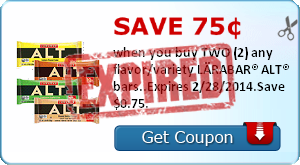 Save 75¢ when you buy TWO (2) any flavor/variety LÄRABAR® ALT® bars..Expires 2/28/2014.Save $0.75.