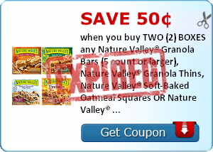 Save 50¢ when you buy TWO (2) BOXES any Nature Valley® Granola Bars (5 count or larger), Nature Valley® Granola Thins, Nature Valley® Soft-Baked Oatmeal Squares OR Nature Valley® Breakfast Biscuits..Expires 2/28/2014.Save $0.50.