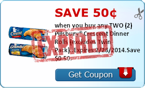 Save 50¢ when you buy any TWO (2) Pillsbury® Crescent Dinner Rolls (excludes Twin Pack)..Expires 2/28/2014.Save $0.50.