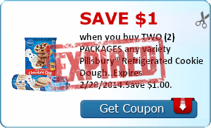 Save $1.00 when you buy TWO (2) PACKAGES any variety Pillsbury® Refrigerated Cookie Dough..Expires 2/28/2014.Save $1.00.