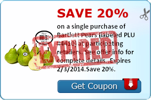Save 20% on a single purchase of Bartlett Pears (labeled PLU #4410) at participating retailers. See offer info for complete details..Expires 2/3/2014.Save 20%.