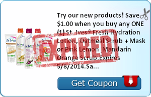 Try our new products! Save $1.00 when you buy any ONE (1) St. Ives® Fresh Hydration Lotion, Oatmeal Scrub + Mask or Pink Lemon & Mandarin Orange Scrub.Expires 5/8/2014.Save $1.00.