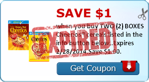 Save $1.00 when you buy TWO (2) BOXES Cheerios® cereals listed in the info button below..Expires 2/28/2014.Save $1.00.