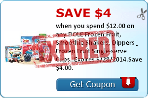 Save $4.00 when you spend $12.00 on any DOLE Frozen Fruit, Smoothie Shakers, Dippers & Frozen Fruit Single-serve Cups..Expires 5/28/2014.Save $4.00.