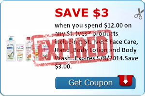 Save $3.00 when you spend $12.00 on any St. Ives® products including: St. Ives® Face Care, Hand & Body Lotion and Body Wash..Expires 5/8/2014.Save $3.00.