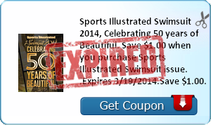 Sports Illustrated Swimsuit 2014, Celebrating 50 years of Beautiful. Save $1.00 when you purchase Sports Illustrated Swimsuit issue. .Expires 3/19/2014.Save $1.00.