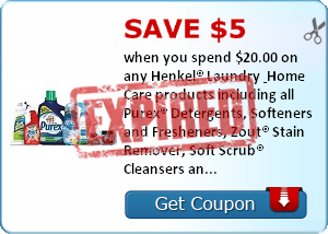 Save $5.00 when you spend $20.00 on any Henkel® Laundry & Home Care products including all Purex® Detergents, Softeners and Fresheners, Zout® Stain Remover, Soft Scrub® Cleansers and Renuzit® Air Fresheners. (Does not include Purex® Dryer Sheets)..Expires