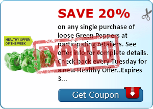 Save 20% on any single purchase of loose Green Peppers at participating retailers. See offer info for complete details. Check back every Tuesday for a new Healthy Offer..Expires 3/3/2014.Save 20%.
