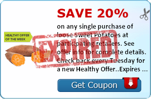 Save 20% on any single purchase of loose Sweet Potatoes at participating retailers. See offer info for complete details. Check back every Tuesday for a new Healthy Offer..Expires 4/7/2014.Save 20%.