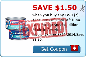 Save $1.50 when you buy any TWO (2) 12oz. cans of StarKist® Tuna. Look for our special edition Made In America labels!.Expires 3/19/2014.Save $1.50.