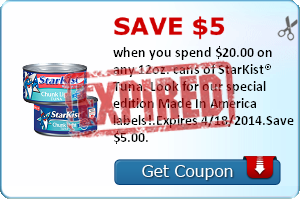 Save $5.00 when you spend $20.00 on any 12oz. cans of StarKist® Tuna. Look for our special edition Made In America labels!.Expires 4/18/2014.Save $5.00.