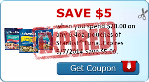 Save $5.00 when you spend $20.00 on any 6.4oz. pouches of StarKist® Tuna..Expires 5/7/2014.Save $5.00.