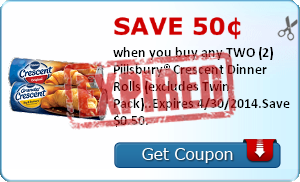 Save 50¢ when you buy any TWO (2) Pillsbury® Crescent Dinner Rolls (excludes Twin Pack)..Expires 4/30/2014.Save $0.50.