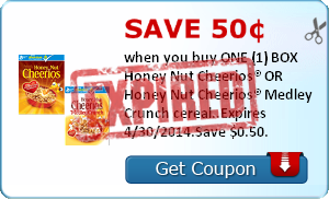 Save 50¢ when you buy ONE (1) BOX Honey Nut Cheerios® OR Honey Nut Cheerios® Medley Crunch cereal..Expires 4/30/2014.Save $0.50.