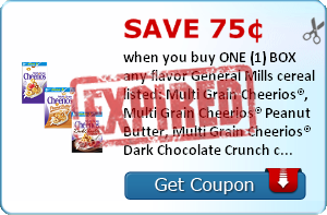 Save 75¢ when you buy ONE (1) BOX any flavor General Mills cereal listed: Multi Grain Cheerios®, Multi Grain Cheerios® Peanut Butter, Multi Grain Cheerios® Dark Chocolate Crunch cereal..Expires 4/30/2014.Save $0.75.