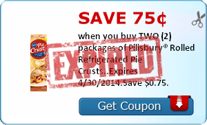 Save 75¢ when you buy TWO (2) packages of Pillsbury® Rolled Refrigerated Pie Crusts..Expires 4/30/2014.Save $0.75.