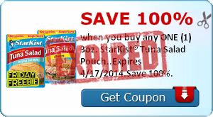 Save 100% when you buy any ONE (1) 3oz. StarKist® Tuna Salad Pouch..Expires 4/17/2014.Save 100%.