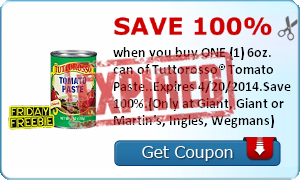 Save 100% when you buy ONE (1) 6oz. can of Tuttorosso® Tomato Paste..Expires 4/20/2014.Save 100%.(Only at Giant, Giant or Martin's, Ingles, Wegmans)