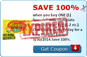 Save 100% when you buy ONE (1) Reese's®  Milk Chocolate Peanut Butter Egg (1.2 oz.). Check back every Friday for a new Freebie!.Expires 3/30/2014.Save 100%.