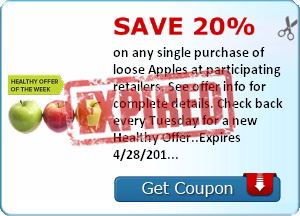 Save 20% on any single purchase of loose Apples at participating retailers. See offer info for complete details. Check back every Tuesday for a new Healthy Offer..Expires 4/28/2014.Save 20%.